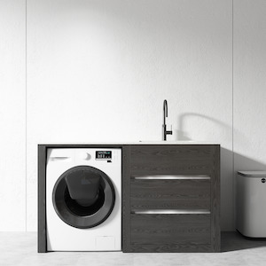 Bathroom: 1500mm Black Oak Laundry Tub-Plywood Cabinet & Marble Bench with Sink