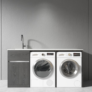 Bathroom: 1800MM Black Oak Laundry Tub-Plywood Cabinet & Marble Bench with Stainless Steel Sink