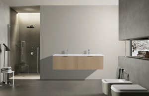 FLUTED OAK WALL HUNG Plywood VANITY 1500MM DOUBLE BASIN