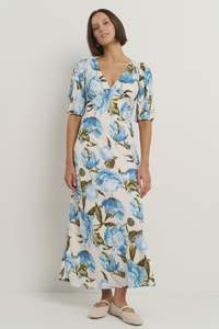 Amora Blue Vintage Floral SS Bias Midi Dress