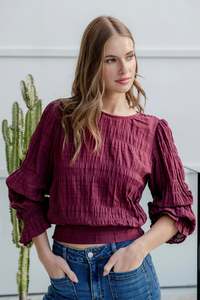 Featured Collection: Imagine Burgundy Shirred Cotton Frill Sleeve LS Top