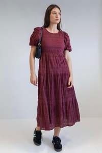 Graceful Burgundy Shirred Cotton Bubble Short Sleeve Tiered Maxi Dress