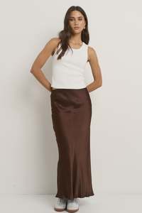 Ivy Jack: Rosette Chocolate Satin Bias Midi Skirt