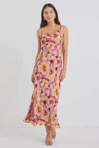 Lavish Pink Multi Floral Tie Back Bias Slip Dress