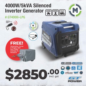 Frontpage: LPG And Petrol Dual Fuel GT Power Silenced Inverter 4000W Generator - INCLUDES FREE STORAGE COVER
