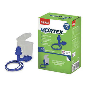 Hearing Protection Safety Work Wear: Esko Vortex Class 5 Metal Detectable Corded Blue Earplugs - 50 pairs