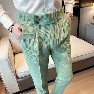 Mens Clothing: Autumn Winter Pantalones Hombre High Waist Waffle Business Casual Suit Pants for Men