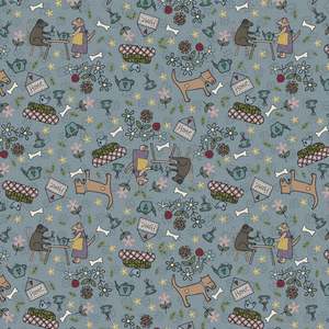 Lynette Anderson ~ Good Boy and Kitty ~Doggy Tea Party Denim Blue