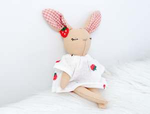 Linen Mini: Handmade Linen Bunny Mini Doll – Strawberry Dress & Gingham Ears