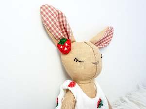 Handmade Linen Bunny Mini Doll – Strawberry Romper & Gingham Ears