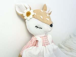Linen Mini: Handmade Linen Deer Mini Doll – Pink Gingham Dress & Flower Accessory