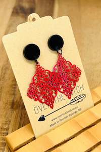 Red Filigree Diamond With Black Stud Long Dangles
