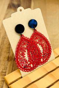 Over The Ditch: Red Filigree Drop With Black Stud Long Dangles