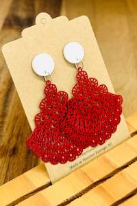 Over The Ditch: Red Fan With White Stud Long Dangles