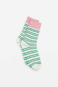 Socks: Sock White With Green Stripes And Pink Band