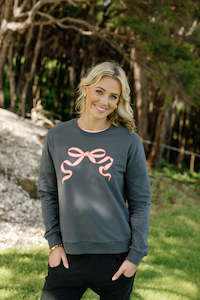 Hoodies Crews: Camilla Crew Graphite with Blossom Berry Bow