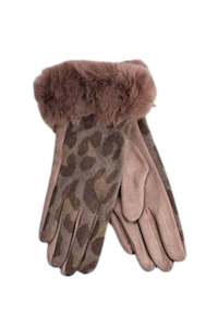 Alice Lily: Shackelford Animal Print Glove With Fur Cuff Brown