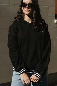 Elliot Hoodie Alpine Weight Black With Silver X And Stripe Cuffs