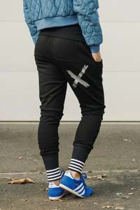 All Clothing: Apartment Pants Alpine Weight Black With Silver X And Striped Cuffs