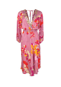 Dixie Fashion: CLEARANCE Deep V Kaftan Dress with Floral Print - Pink / Orange