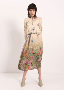 Dixie Fashion: Sheer Look Floral Patterned Midi Dress with Drawstring - Multi