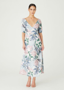 CLEARANCE Jude Puff Sleeve Midi Dress with Tie Back - Ivory Botanical