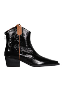 Boots: Ryder Ankle Boot - Black Crinkle Patent / Tan Trim