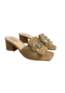Heels: CLEARANCE Fringed Suede Heels with Gold Chain - Sand