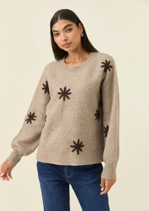 Sweaters: Miru Stitch Flower Jumper - Stone