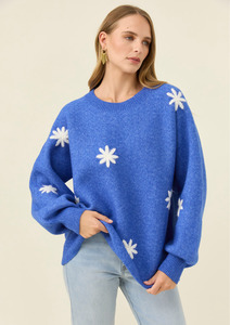 Sweaters: Miru Stitch Flower Jumper - Cobalt