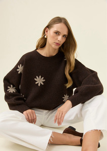 Sweaters: Miru Stitch Flower Jumper - Chocolate