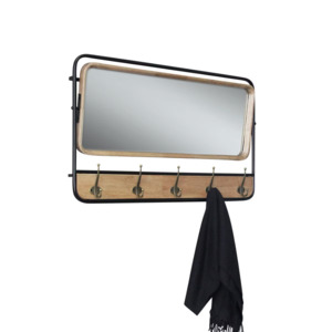 Wall Decor Mirrors: Wooden Wall Hanging Mirror with Hooks - natural/black