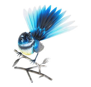 Animal Figurines Statues Nz: Blue Fantail on Branch Metal Free Standing