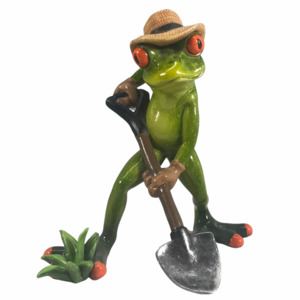 Animal Figurines Statues Nz: Funky Frog with Shovel - Polyresin