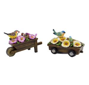 Garden Outdoor Decor: Birds & Flowers On Cart - Set of 2 - Poly Resin