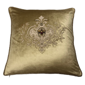 Hand Embroidered Cushion Cover - Antique gold w/ wreath