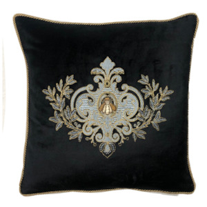 Hand Embroidered Cushion Cover - black w/ grey wreath