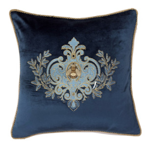 Hand Embroidered Cushion Cover - teal w/ blue wreath