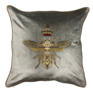 Hand Embroidered Cushion Cover - platinum w/ gold bee