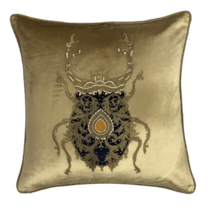 Hand Embroidered Cushion Cover - gold w/ black bug