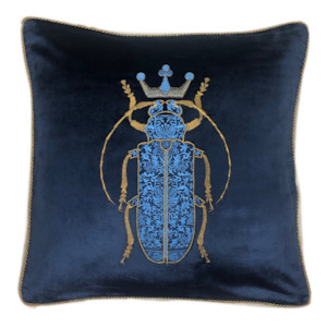 Hand Embroidered Cushion Cover - blue w/ blue bug