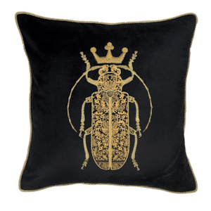 Hand Embroidered Cushion Cover - black w/ gold bug