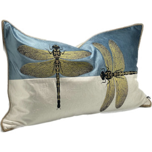 Hand Embroidered Cushion Cover - blue/white/gold