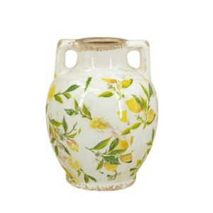 Citrus Bloom: Lemon & Leaves Ceramic Vase with handles