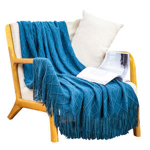Throw Blanket Diamond Pattern Knitted Throw with Tassels - Royal Blue