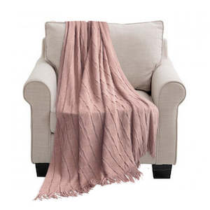 Home Bed Linen Throws And Blankets Blankets: Textured Knitted Throw Blanket Cube Design with Tassels - Pink