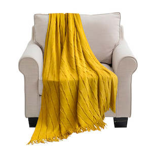 Textured Knitted Throw Blanket Cube Design with Tassels - Mustard