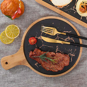 Spring Sale: Black Round Slate Stone Wooden Serving Tray with Handle - 30cm