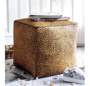 Leopard Hairon Leather Pouf - Square