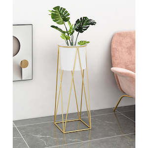 Gold Metal Corner Plant Stand with White Pot Holder - 70cm
